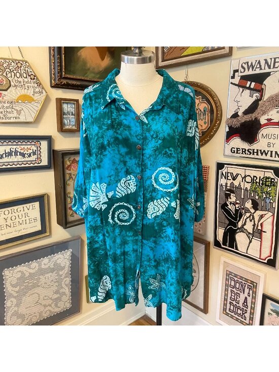 We Be Bop Tops - We Be Bop Womens Turquoise & White Batik Print Button-Down Rayon Shirt Size 3X